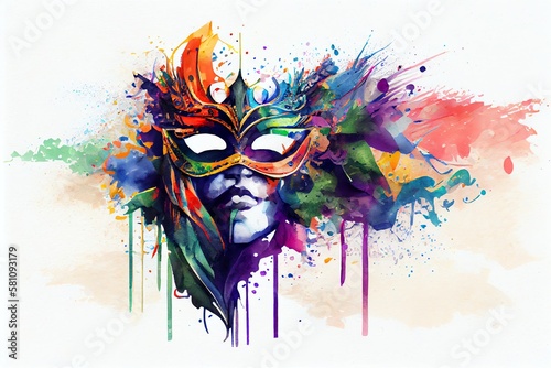 Watercolor Illustration of a Venetian Mask Carnival Colorful Splash Art Masquerade Mardi Gars Banner Copy Space On White Illustration. Generative AI