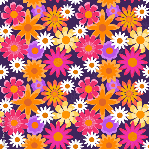 Seamless vector floral pattern, bright pink and orange flowers on purple background, summer prints for textile, wallpaper. 