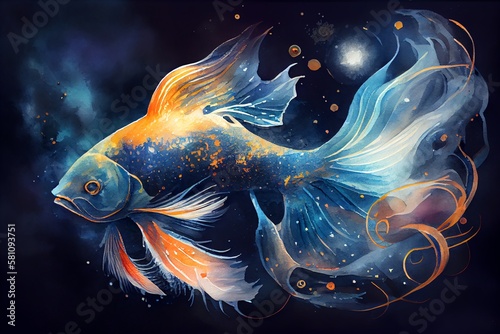 Watercolor Illustration of a Zodiac Sign Of Pisces, Fantasy Fish With Magic Light In Space. Generative AI