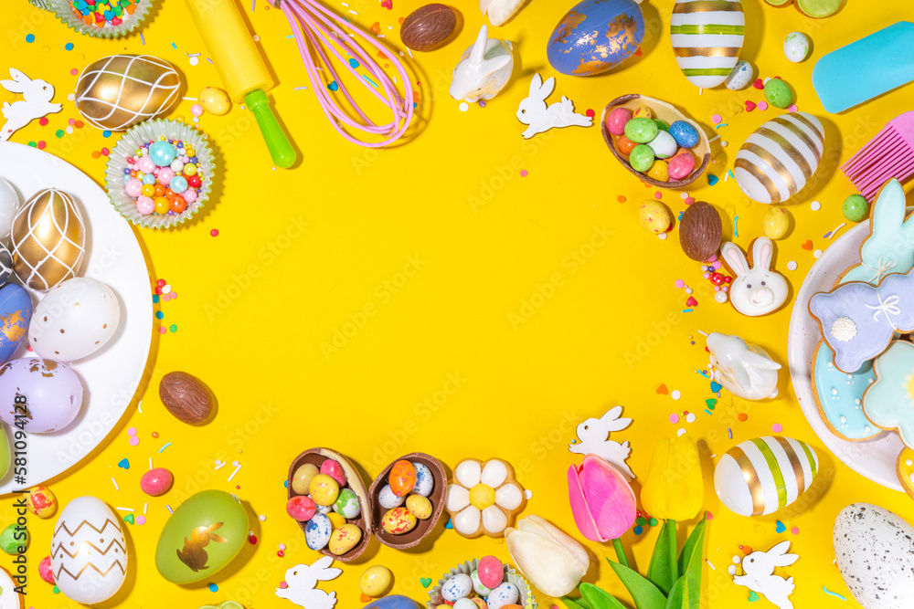 High-colored Easter baking background, Easter sale, party invitation flatlay, Colorful Easter eggs, chocolate eggs and bunny rabbit with sugar sprinkles on bright yellow background top view copy space