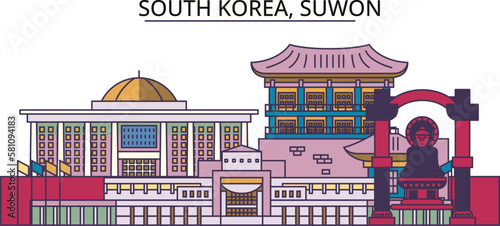 South Korea, Suwon tourism landmarks, vector city travel illustration
