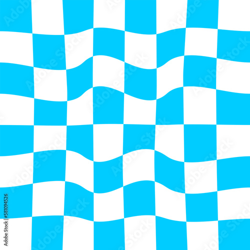 Distorted chessboard background. Checkered optical illusion. Psychedelic pattern with warped blue and white squares. Plaid or flag chequered texture. Trippy checkerboard surface