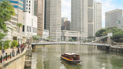 Photography Skyscrapers skyline with white Anderson Bridge and towers of financial district