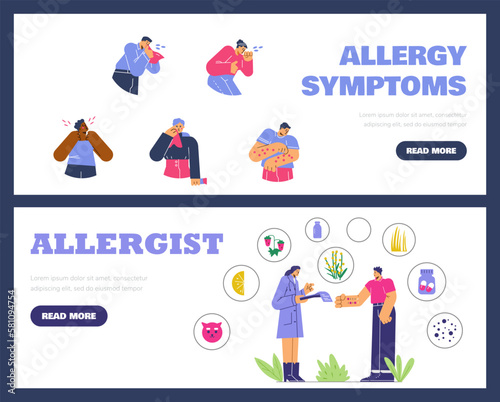 Allergy symptoms and allergist doctor banners flat vector illustration.