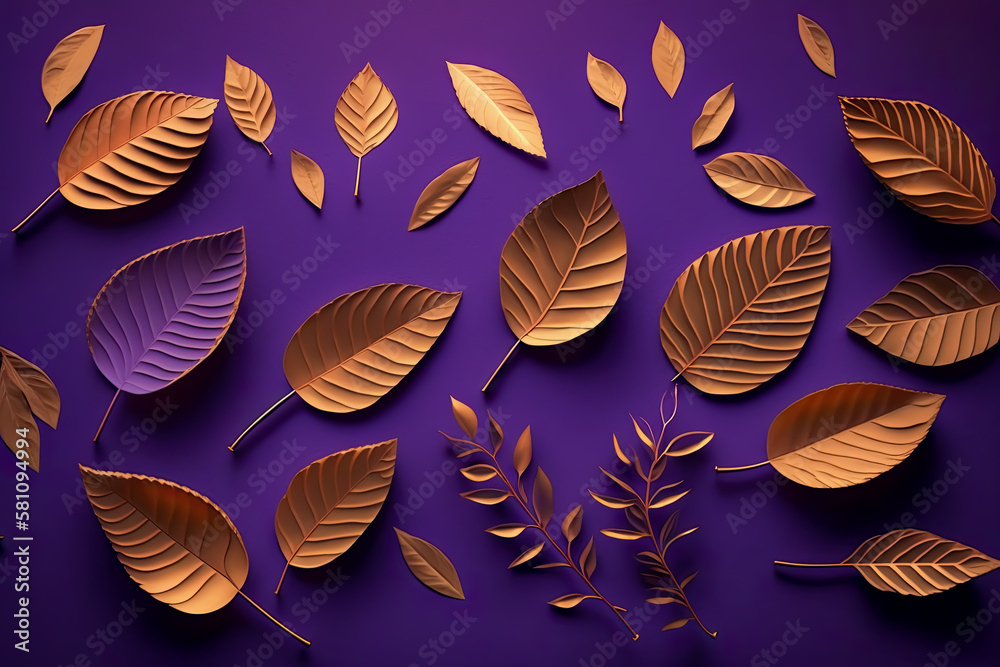 Pattern of dry orange metallic leaves on violet background.  texture, nature, autumn, fall, seasonal, organic, foliage, botanical, abstract.