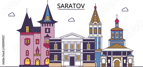 Russia, Saratov tourism landmarks, vector city travel illustration