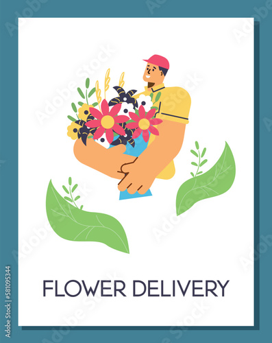 Courier delivering bouquet, flower delivery service advertising poster, flat vector illustration.