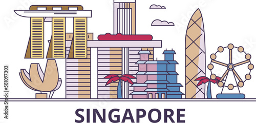 Singapore City tourism landmarks, vector city travel illustration