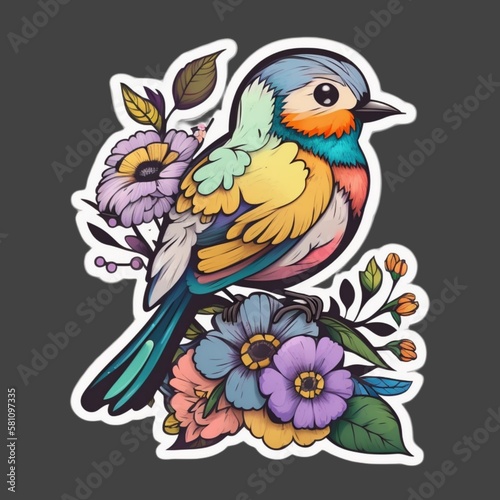 flowers and bird tattoo ornament color sketch engraving illustration. 