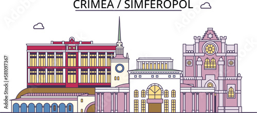 Russia, Simferopol tourism landmarks, vector city travel illustration