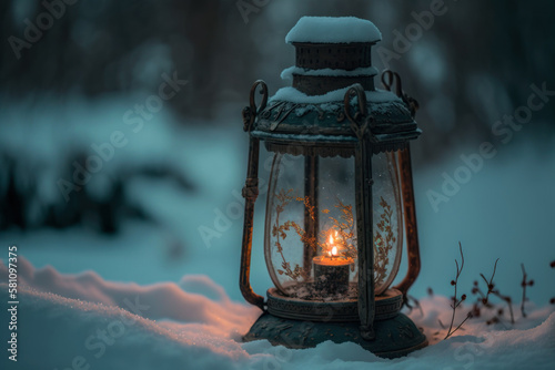 an old lamp with a burning candle in the snow, generative ai