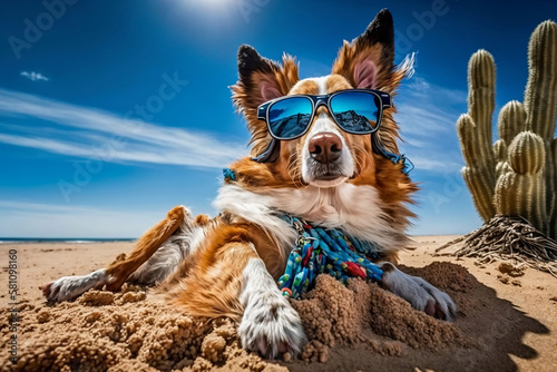 dog with glasses on the beach, generative ai