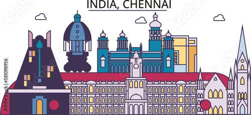 India, Chennai tourism landmarks, vector city travel illustration
