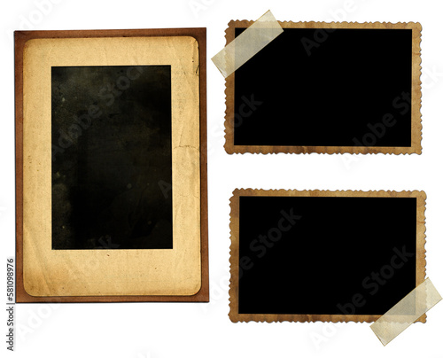 set of Vintage paper  photo frames with blanck black background with tape