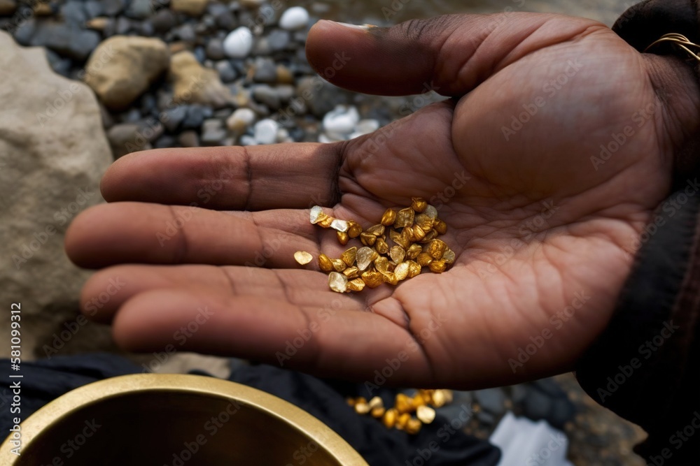 A black worker holds pure gold nuggets in his hand. Ai generated. A black worker holds pure gold nuggets in his hand. Ai generated.