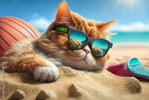cat with glasses on the beach, generative ai