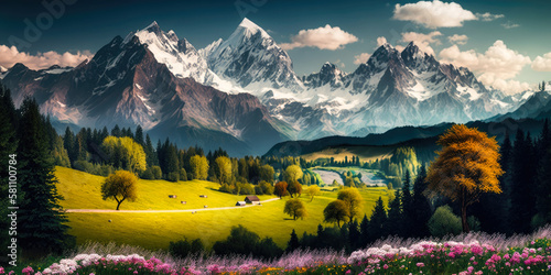 snowy alps mountains with lush green meadows in the foreground, generative ai © fotogestoeber