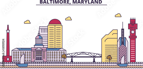 United States, Baltimore tourism landmarks, vector city travel illustration