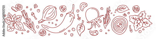 
Banner. Spices and vegetables background. Vector background with handmade herbs. Sketch design.