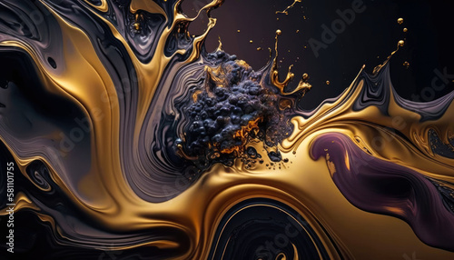 an abstract fluid art background made out of gold and ink, generative ai