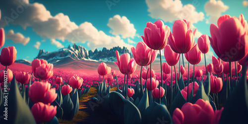 A field of pink tulips. Blue sky, clouds and mountainous terrain in the background. AI.