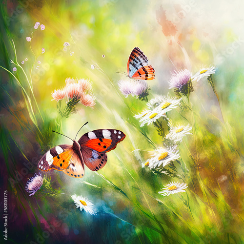 Watercolor painting of a spring meadow full of blooming flowers and butterflies. Spring aquarelle wallpaper. generative ai. Floral background © Aquir