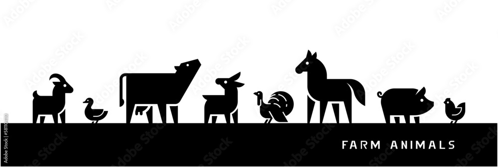 Farm Animals silhouettes isolated on white background. Vector ...