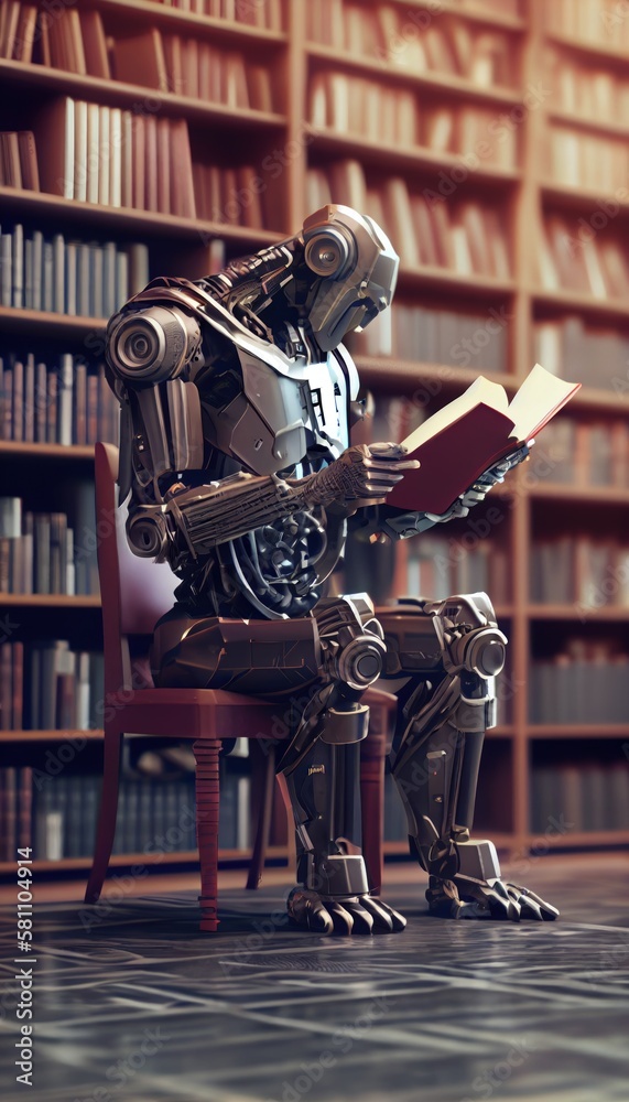 Self educating artificial intelligence. Machine learning concept. Robot studying, writing code and reading books in library. AI and Neural network development. Self educating artificial intelligence. Machine learning concept. Robot studying, writing code and reading books in library. AI and Neural network development.