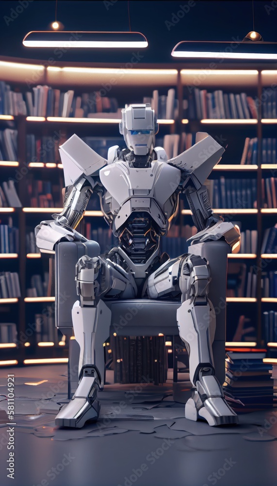 Fototapeta premium Self educating artificial intelligence. Machine learning concept. Robot studying, writing code and reading books in library. AI and Neural network development. 