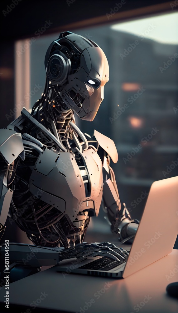 Self educating artificial intelligence. Machine learning and future concept. Robot studying, writing code and working on laptop. AI and Neural network development. Robots work instead of people. Self educating artificial intelligence. Machine learning and future concept. Robot studying, writing code and working on laptop. AI and Neural network development. Robots work instead of people.
