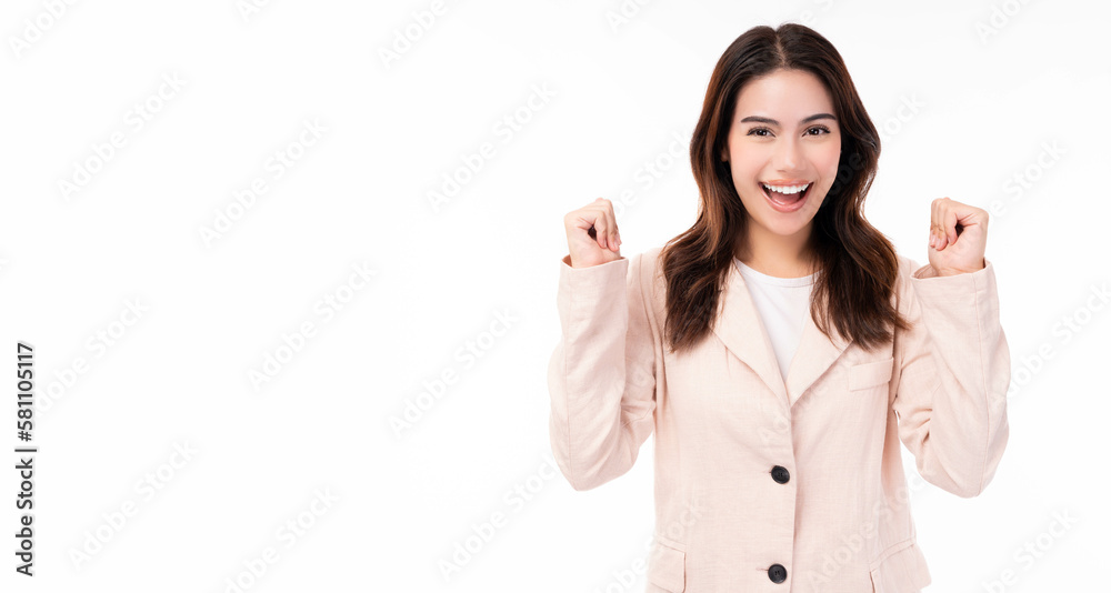 Beautiful young business woman raised arm look at camera Excited Pretty girl act like a satisfied product, use for advertising Isolated on white background copy space Excited young girl get happiness Beautiful young business woman raised arm look at camera Excited Pretty girl act like a satisfied product, use for advertising Isolated on white background copy space Excited young girl get happiness
