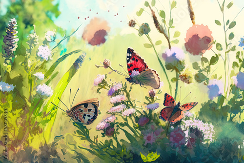 Watercolor painting of a spring meadow full of blooming flowers and butterflies. Spring aquarelle wallpaper. generative ai. Floral background