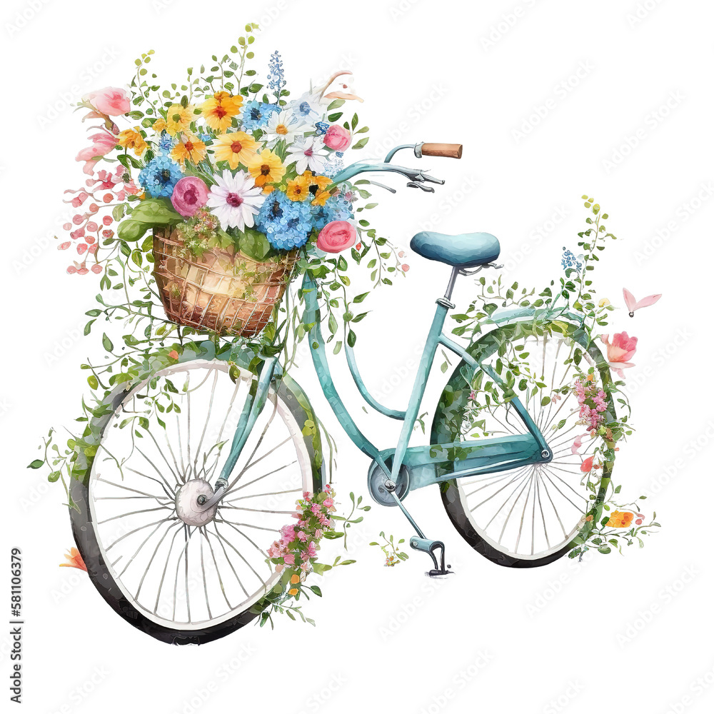 Fototapeta premium Riding into Springtime Bliss: Flower Baskets on Bikes AI Generated
