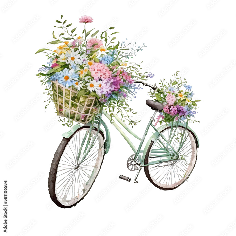 Bike Through Spring: Floral Basket on Two Wheels  bicycle with flowers AI Generated