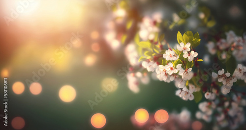 Nature spring frame border with white blossoms, panorama format. Defocused bokeh, blurry background, fresh green leaves. Image is AI generated.