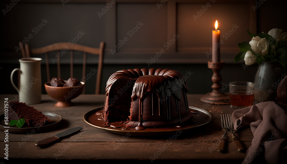 generative ai illustration of Chocolate cake with melted chocolate, in a beautiful room on a wooden table