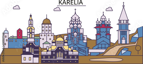 Russia, Karelia tourism landmarks, vector city travel illustration