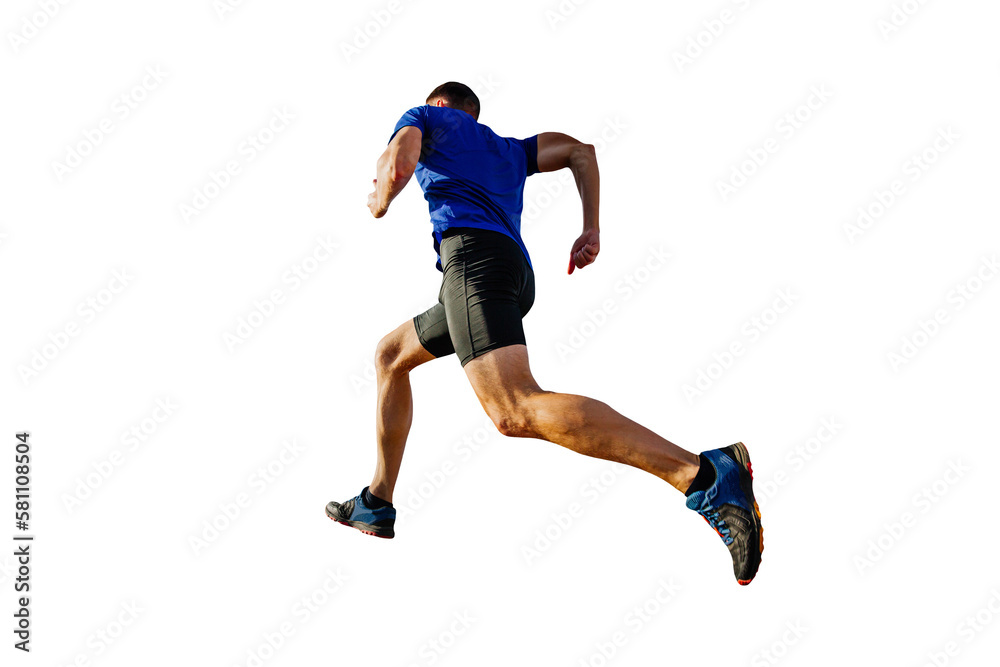 athlete runner in blue shirt and black tights running mountain, cut silhouette on transparent background, sports photo