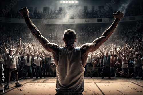 Generative AI image of muscular male athlete in activewear standing on stage with raised arms in front of crowd photo