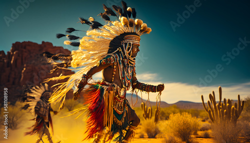 Dancing tribe Indians with headdresses with feathers on their heads in the desert rite. Generative AI