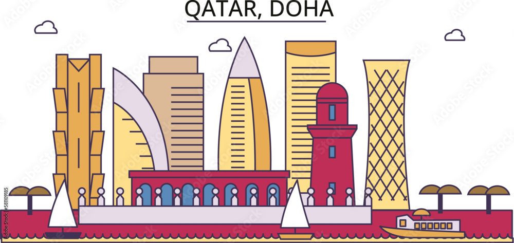 Qatar, Doha tourism landmarks, vector city travel illustration