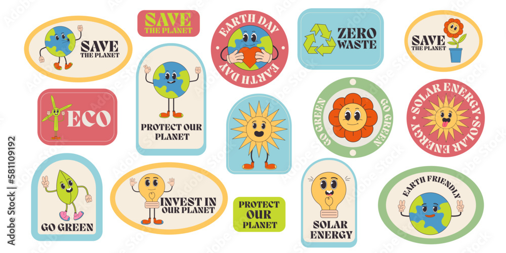 Save the planet sticker, label set in trendy groovy style. Earth Day. Funny earth character and mascot. Eco friendly conception. Save the planet sticker, label set in trendy groovy style. Earth Day. Funny earth character and mascot. Eco friendly conception.