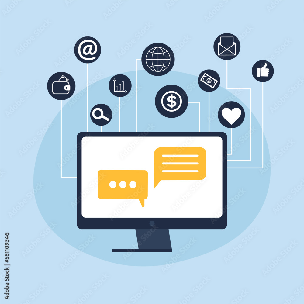 Computer online chat notices. Desktop pc with chatting bubble notifications, concept of people messaging on internet, on-line communication. Online social conversation, comment and icons set Computer online chat notices. Desktop pc with chatting bubble notifications, concept of people messaging on internet, on-line communication. Online social conversation, comment and icons set