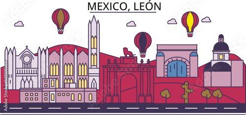 Mexico, Leon tourism landmarks, vector city travel illustration