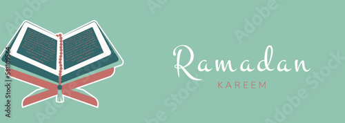 Ramadan Kareem. Islamic greeting card with Koran on Eid al Fitr. Vector holiday illustration in green colors for greeting card, poster and banner.