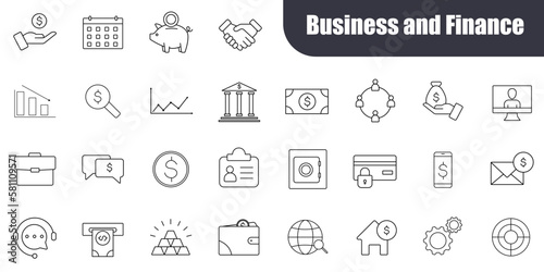 Big set of 28 Business icons. Business and Finance web icons. Vector business and finance editable stroke line icon set with money, bank, check, law, auction, exchance, payment. 