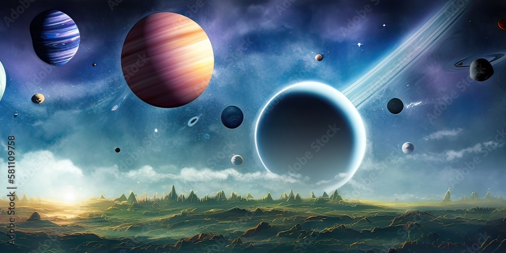 Space and planet background. Planets surface with craters, stars and comets in dark space. Illustration. Space sky with planet and satellite.