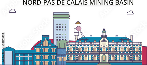 France, Nord Pas De Calais Mining Basin tourism landmarks, vector city travel illustration