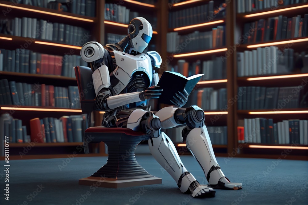 Self educating artificial intelligence. Machine learning concept. Robot studying, writing code and reading books in library. AI and Neural network development. Self educating artificial intelligence. Machine learning concept. Robot studying, writing code and reading books in library. AI and Neural network development.
