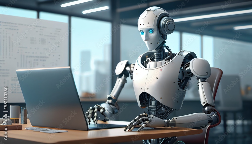 Self educating artificial intelligence. Machine learning and future concept. Robot studying, writing code and working on laptop. AI and Neural network development. Robots work instead of people. Self educating artificial intelligence. Machine learning and future concept. Robot studying, writing code and working on laptop. AI and Neural network development. Robots work instead of people.